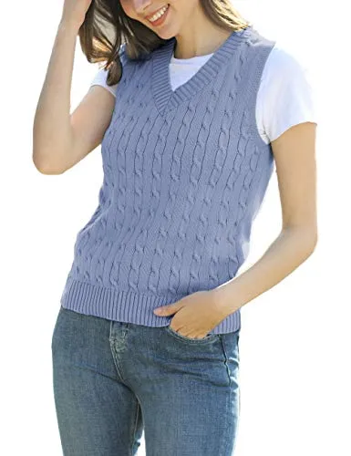 ASUOAgio Women's Sweater Vest Casual Sleeveless V Neck Cable Knitted Sweater Pullover, Blue, M
