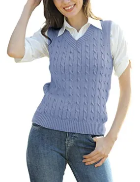 ASUOAgio Women's Sweater Vest Casual Sleeveless V Neck Cable Knitted Sweater Pullover, Blue, M