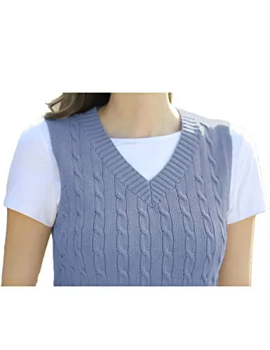 ASUOAgio Women's Sweater Vest Casual Sleeveless V Neck Cable Knitted Sweater Pullover, Blue, M