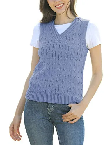 ASUOAgio Women's Sweater Vest Casual Sleeveless V Neck Cable Knitted Sweater Pullover, Blue, M