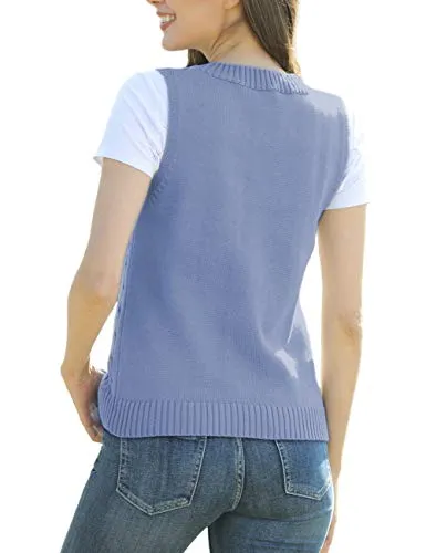 ASUOAgio Women's Sweater Vest Casual Sleeveless V Neck Cable Knitted Sweater Pullover, Blue, M