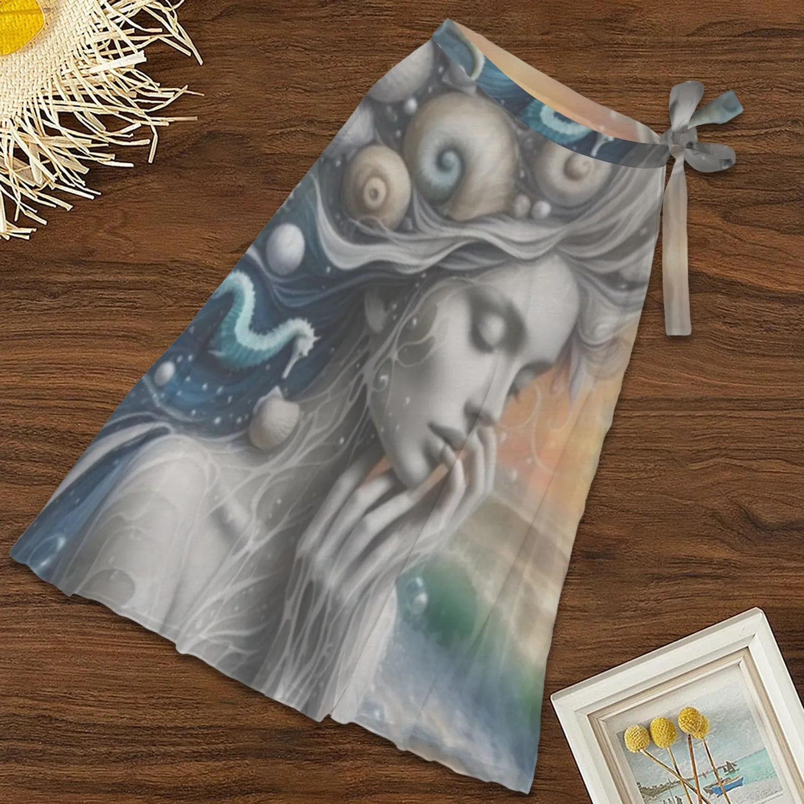 Blue Seahorse Goddess Bathing Suit Cover Up, Wrap-Around Skirt