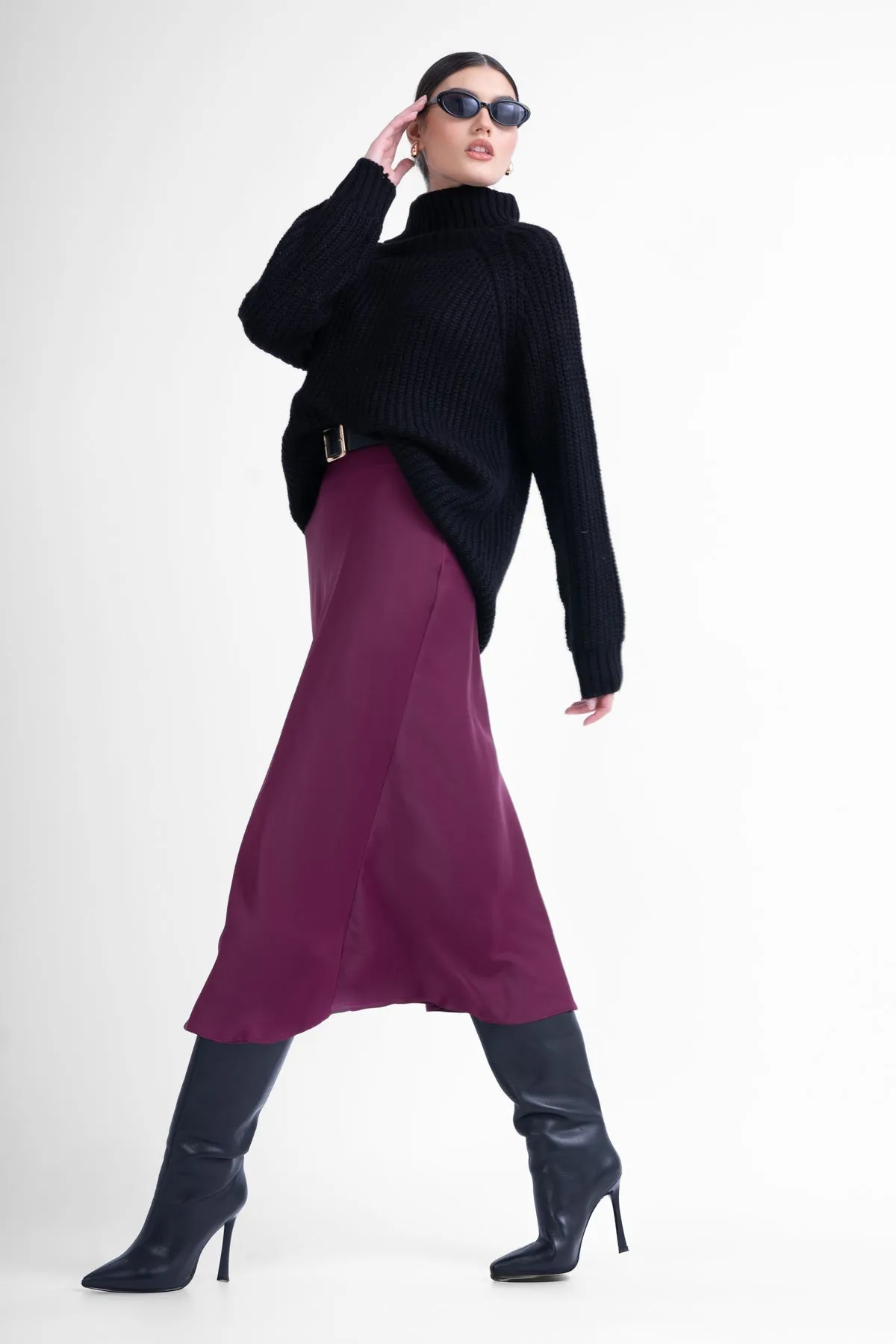 Burgundy Satin Midi Skirt