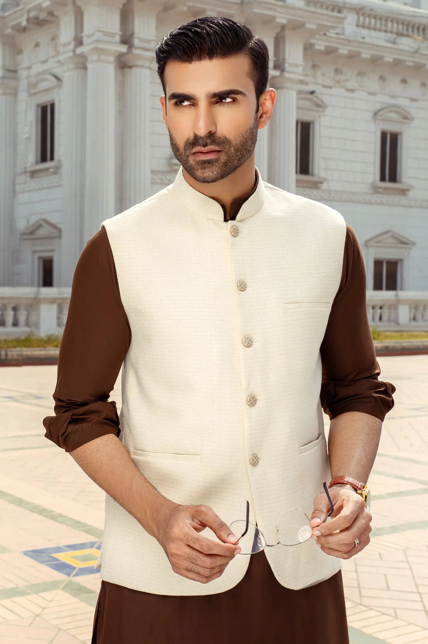 Cream Hearing Bone Waistcoat
