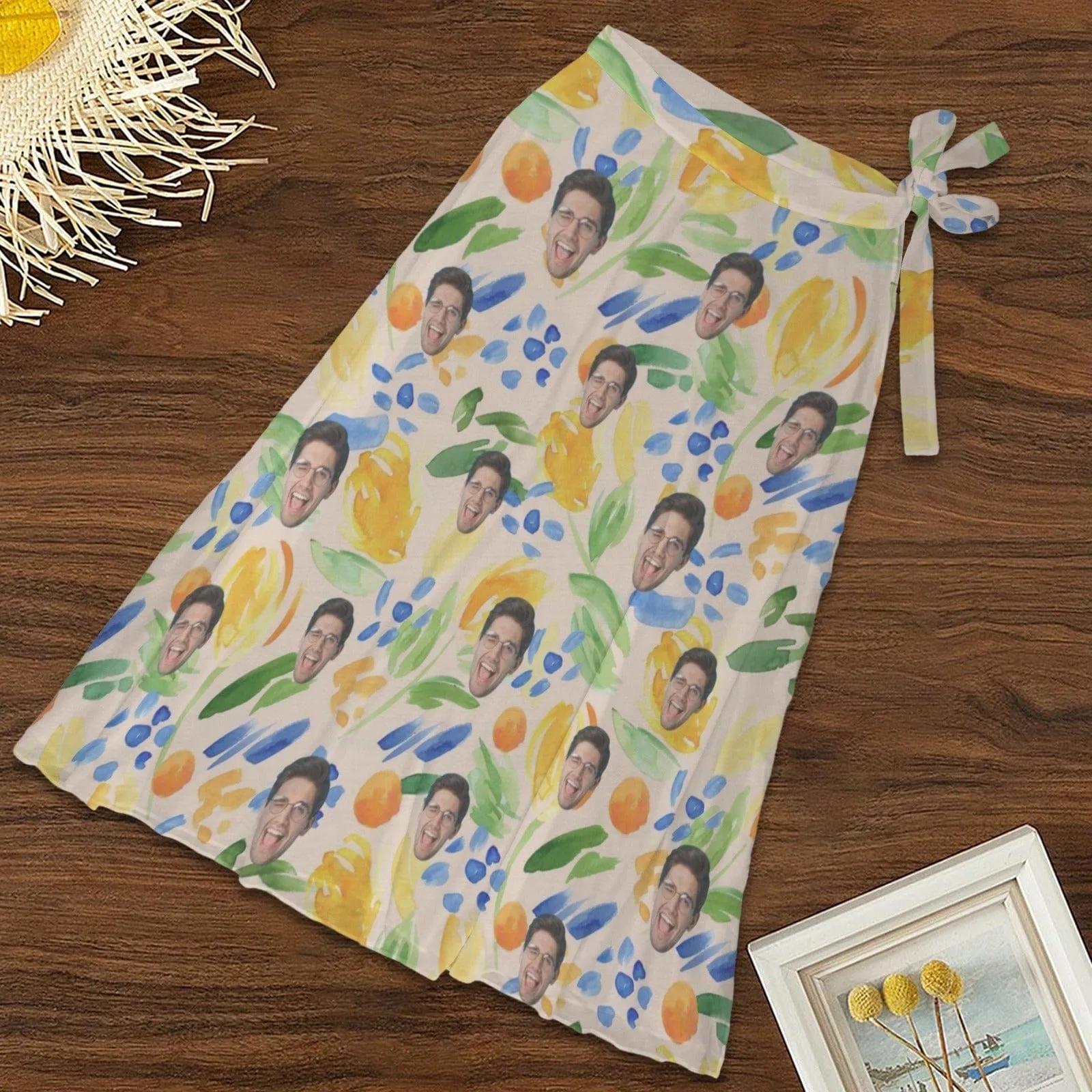 Custom Face Fruit Color Summer Women's Long Cover Up Skirt With Slit Swimsuit Beach Wrap