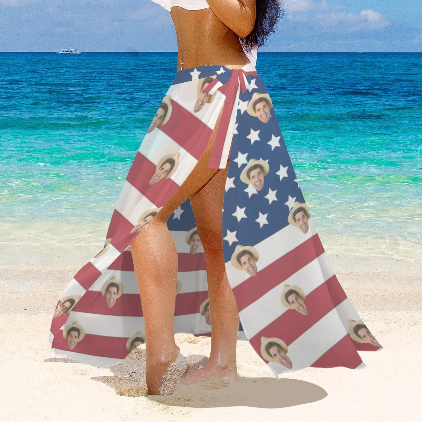 Custom Face USA Flag Triangle Bikini Three Piece Swimsuit with Cover Up Sarong