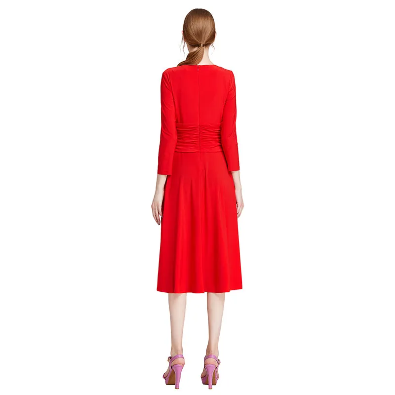 D010 Women solid knit three-quarter sleeve mock wrap midi day dress