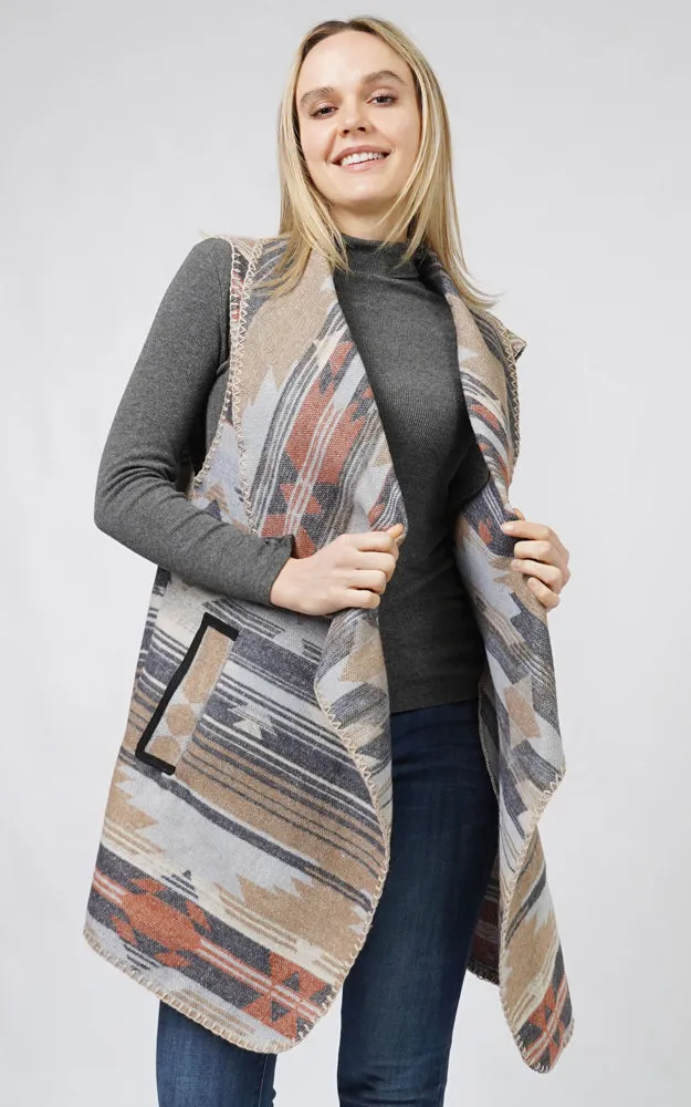EVT10824 AZTEC PATTERN COLLAR VEST W/POCKET