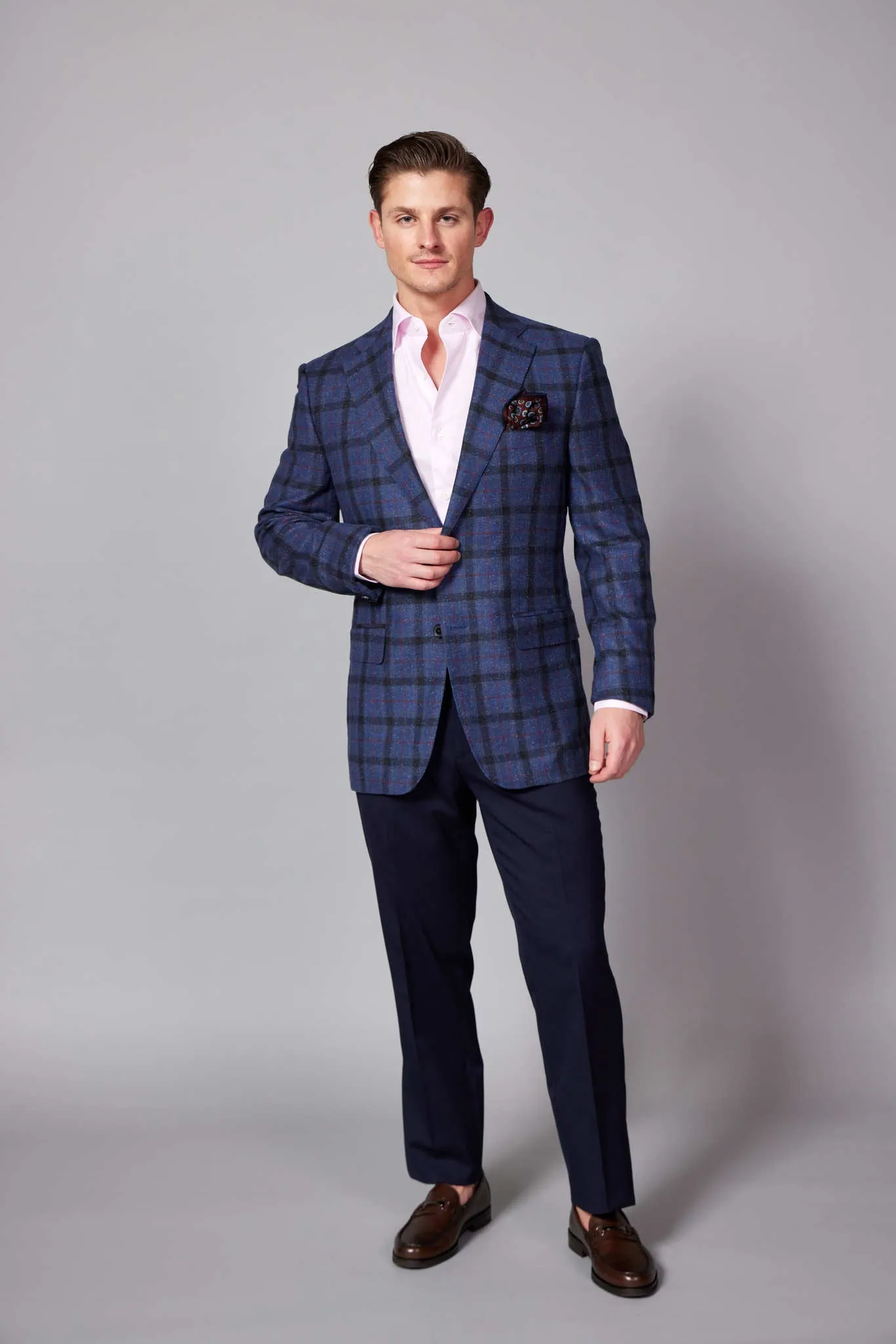 HENRY SARTORIAL DORMEUIL Wool/Silk Check Jacket BURGUNDY/NAVY REG