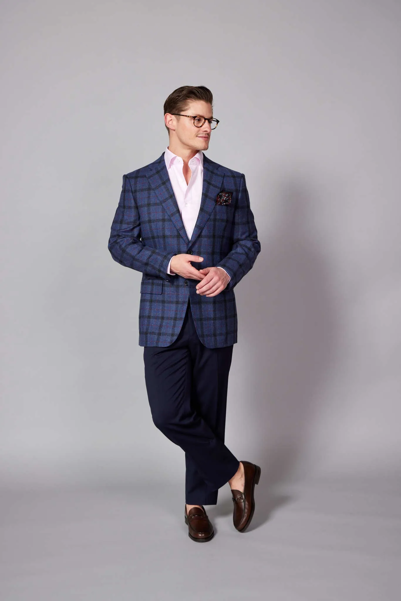 HENRY SARTORIAL DORMEUIL Wool/Silk Check Jacket BURGUNDY/NAVY REG