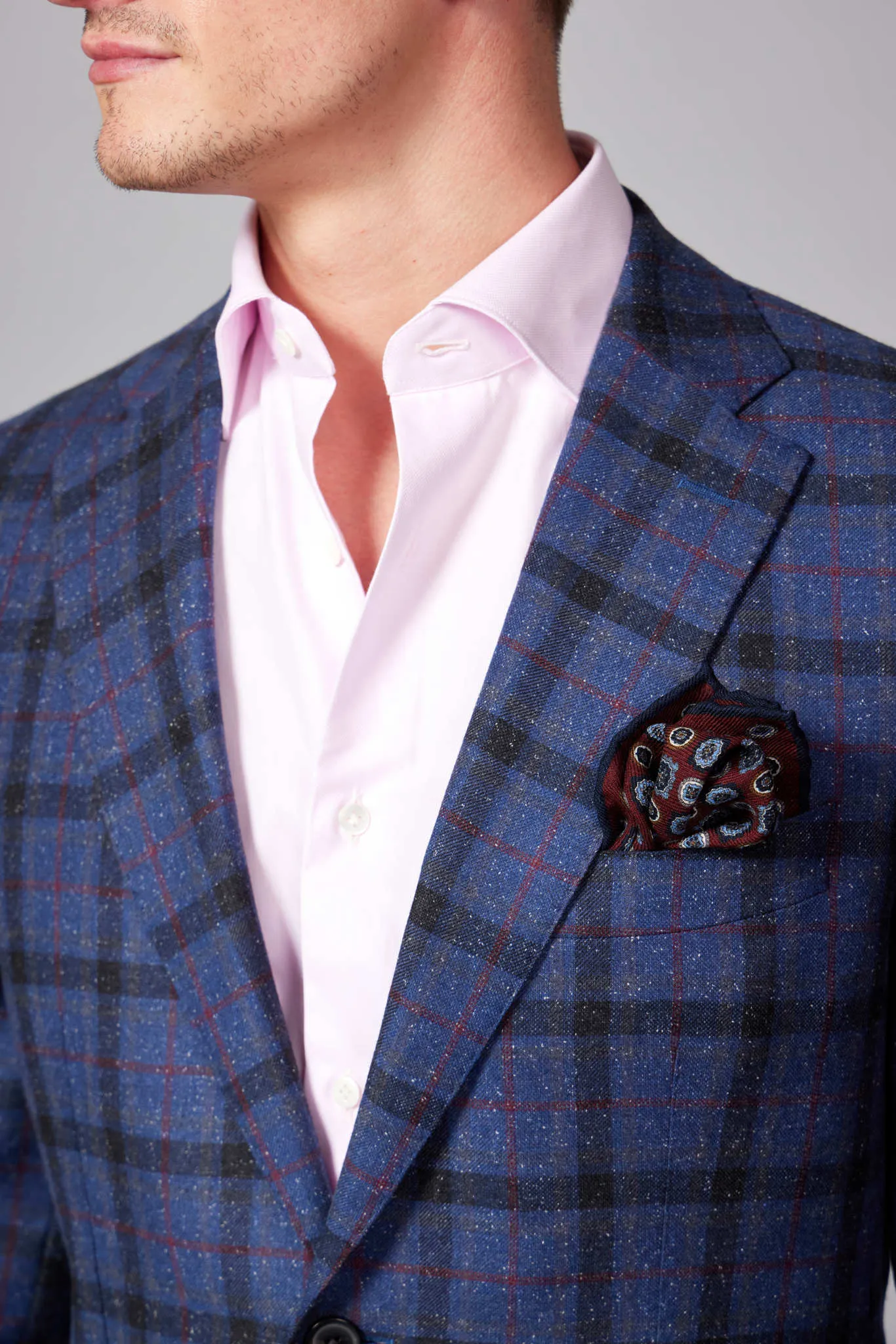 HENRY SARTORIAL DORMEUIL Wool/Silk Check Jacket BURGUNDY/NAVY REG