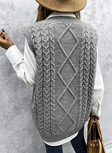 HOTAPEI Sweater Vest Women Grey Oversized V Neck Sleeveless Sweaters Womens Cable Knit Tops Fall Solid Color Loose Casual Tunics XX-Large