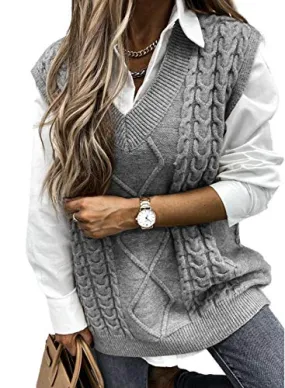 HOTAPEI Sweater Vest Women Grey Oversized V Neck Sleeveless Sweaters Womens Cable Knit Tops Fall Solid Color Loose Casual Tunics XX-Large