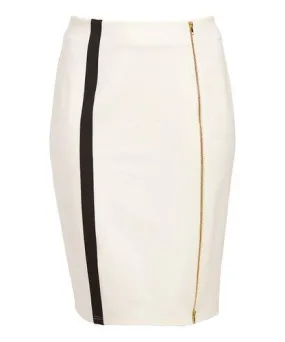 Rapheeze Italian Knee Length Skirt White & Black Contrast-Trim Zipper Pencil Skirt