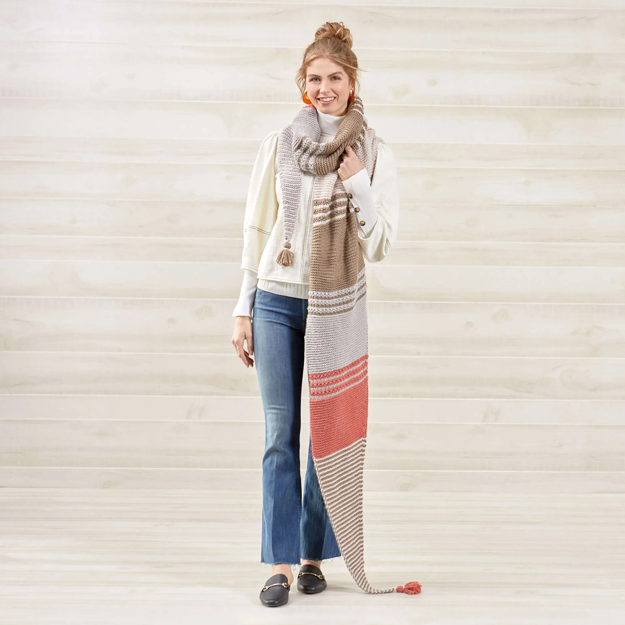Red Heart Knit Long And Stripy Shawl