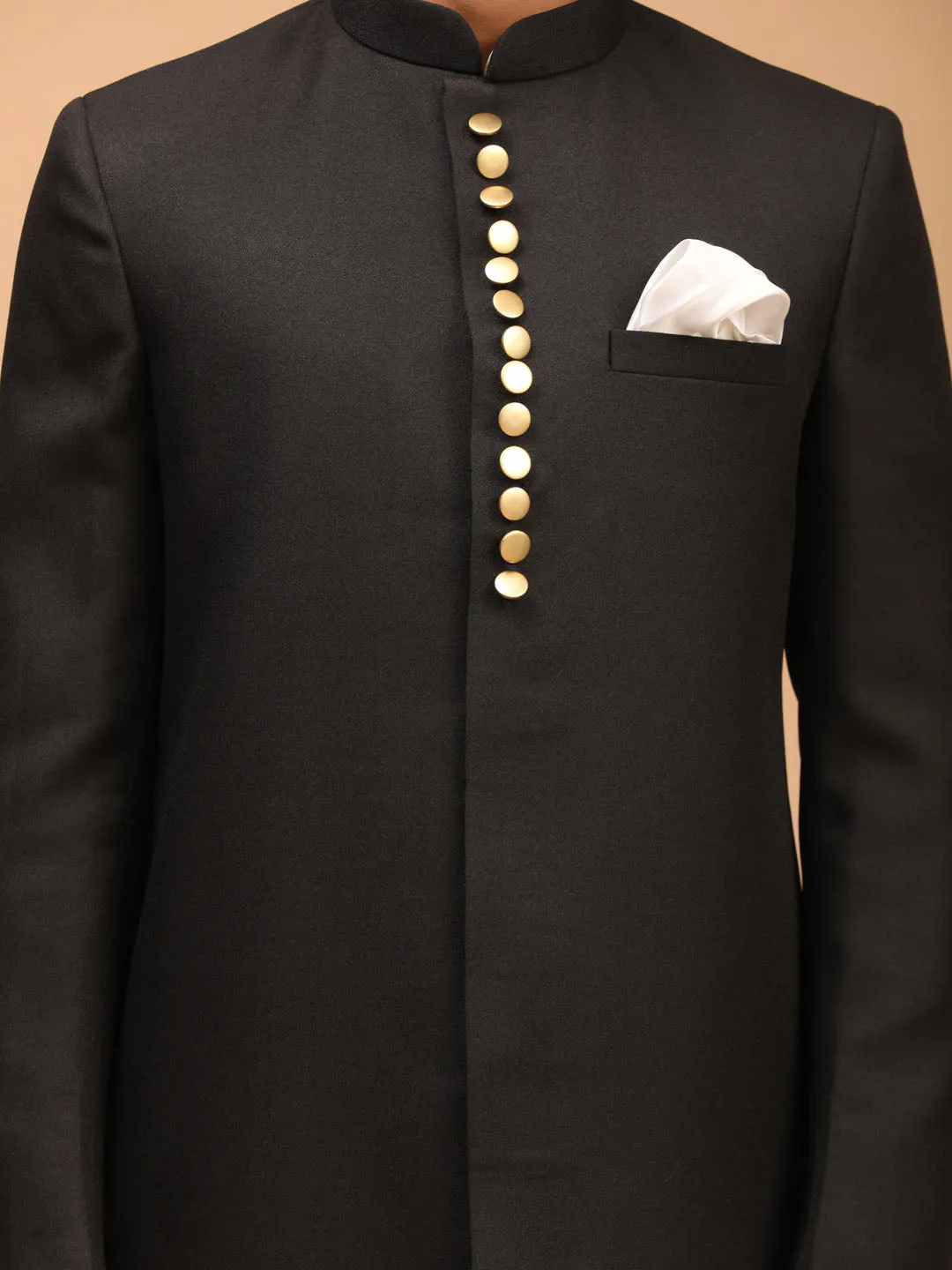 VASTRAMAY Black Sherwani With Cream Patiala