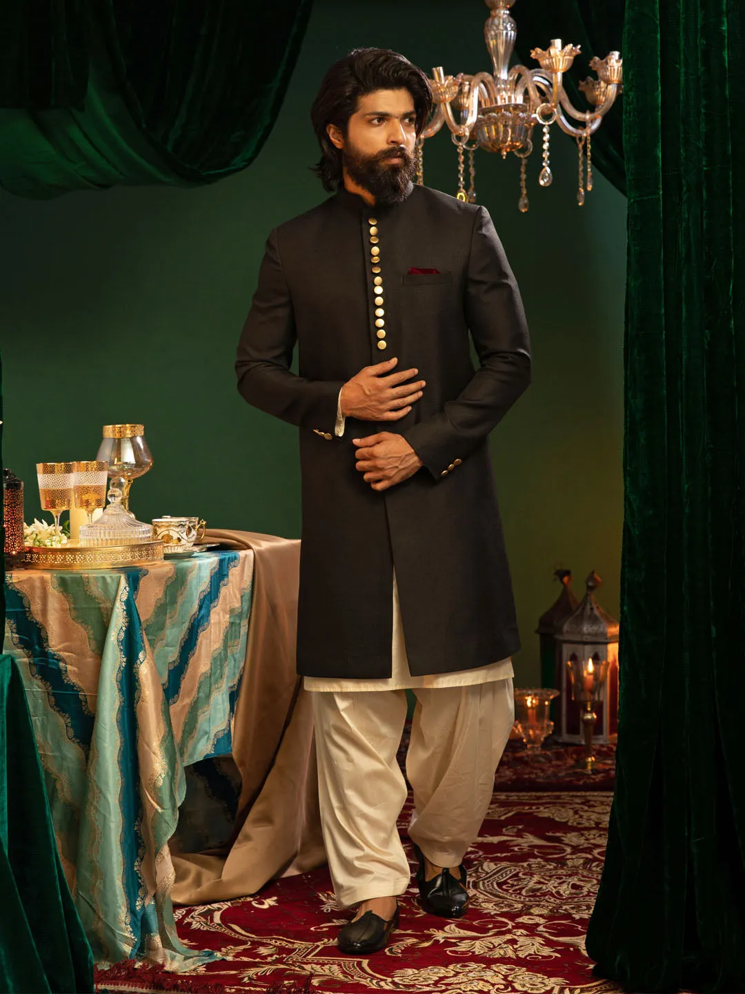VASTRAMAY Black Sherwani With Cream Patiala