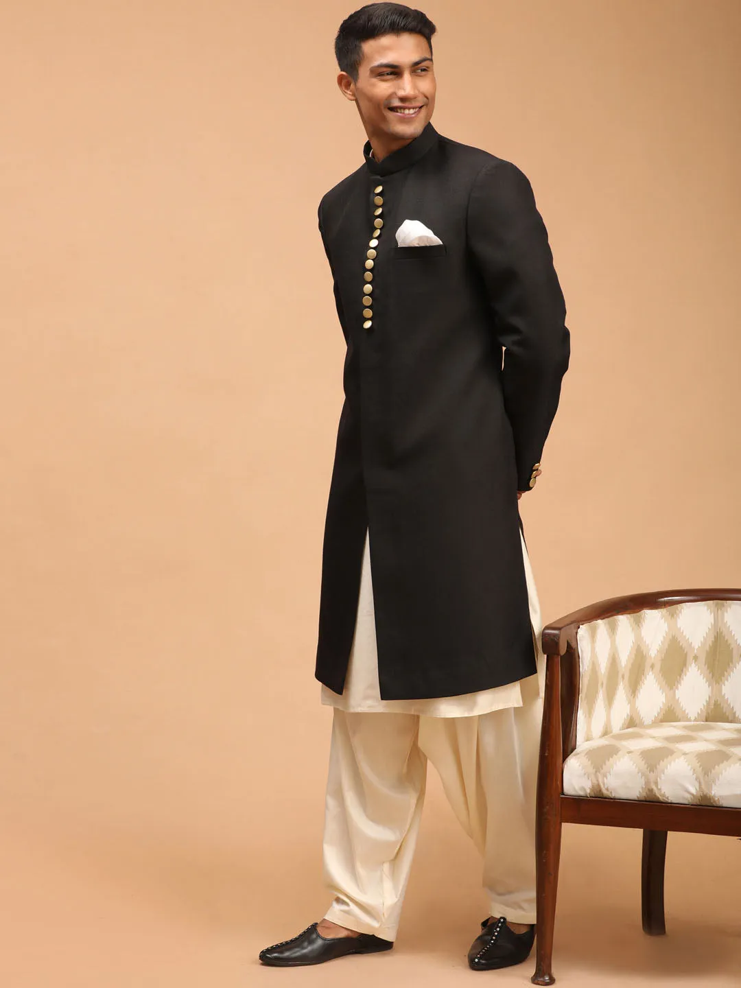 VASTRAMAY Black Sherwani With Cream Patiala