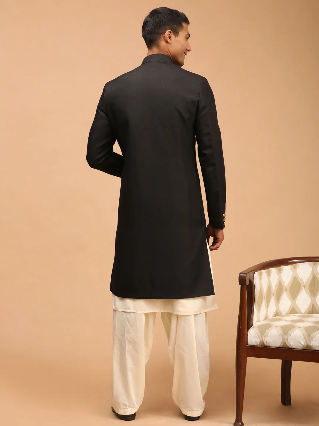 VASTRAMAY Black Sherwani With Cream Patiala
