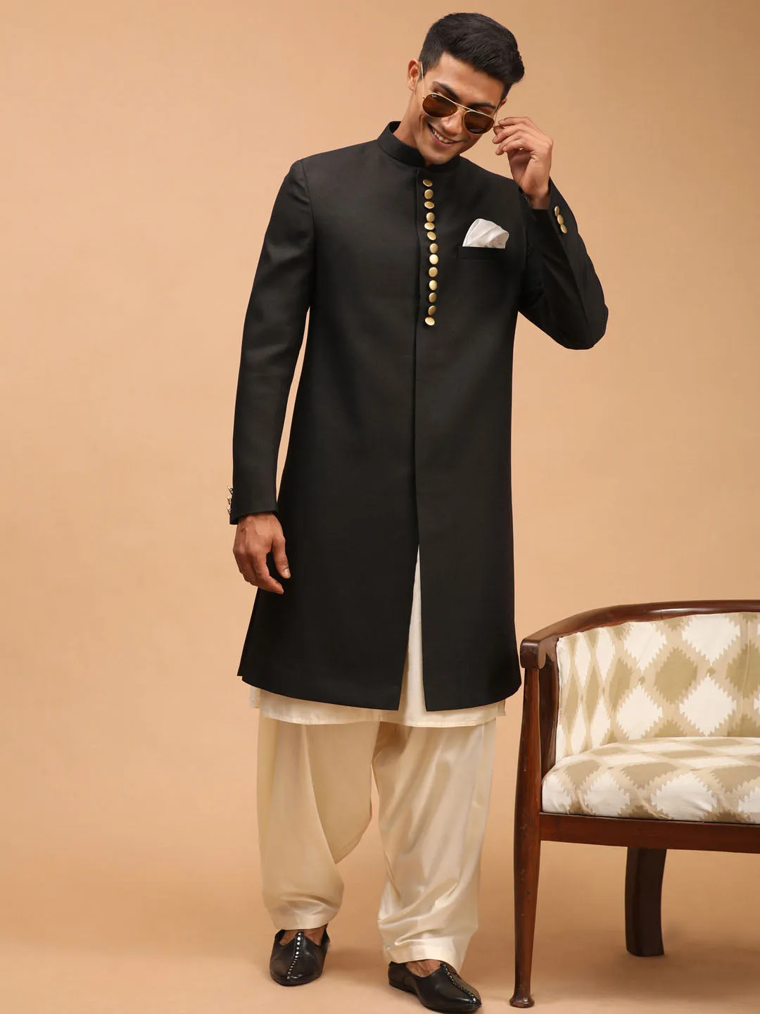 VASTRAMAY Black Sherwani With Cream Patiala